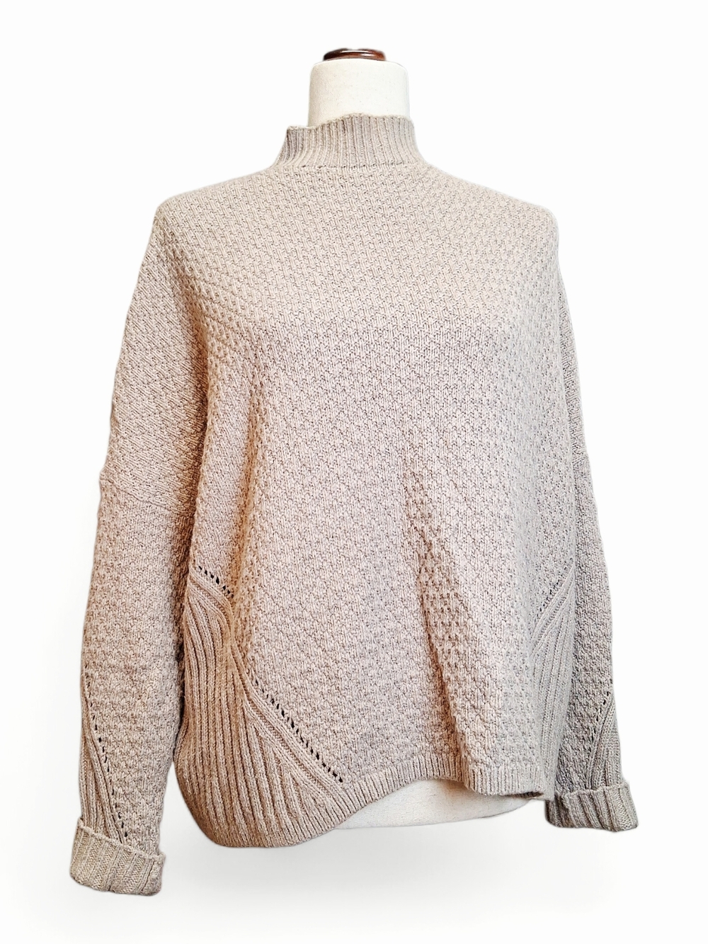 LOFT Women's Beige Cotton Blend Mock Neck Long Sleeve Textrd Pullover  Sweater S
